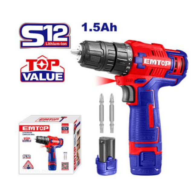 Taladro Ator. 10mm C/Bat. Litio 12V EMTOP